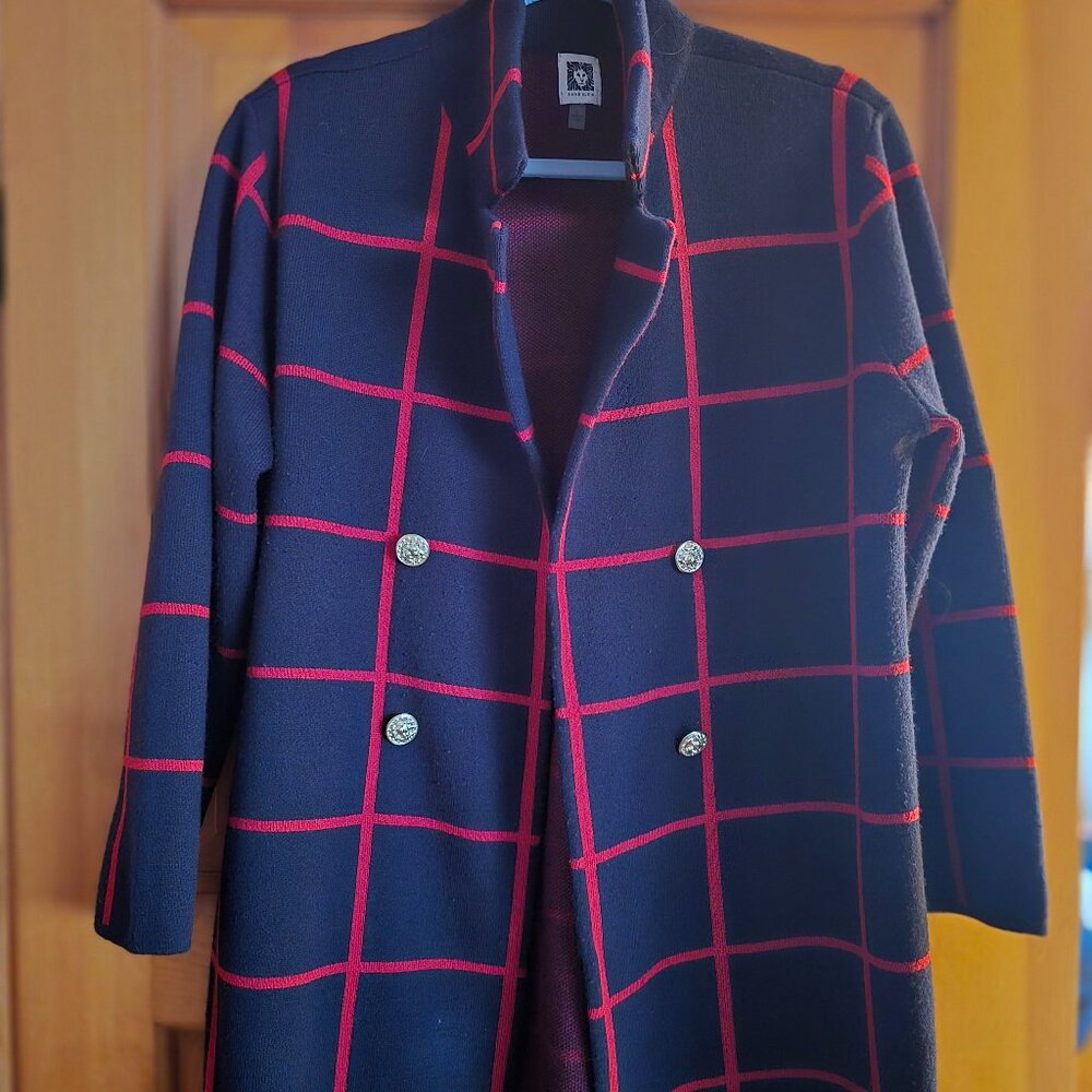 Anne Klein Navy & Red Knit Open Front Cardigan Jacket Large